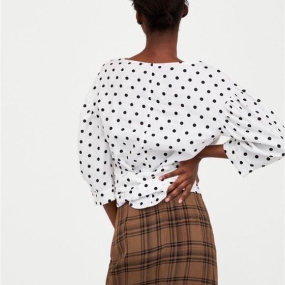 Zara Polka Dot Linen Tie Waist Blouse - Picture 2 of 9